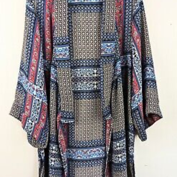 Tahari Blue Red Boho Kimono Wrap Duster Small Medium - Picture 2 of 6
